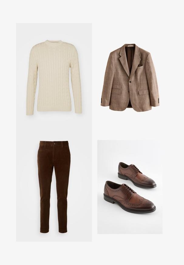 Enkeltknappet brun ternet blazer med hakrevers, to frontlommer med klap, brystlomme med kant og tre knapper på hvert ærme.; Kabelstrikket sweater i lys creme. Har rund halsudskæring, lange ærmer, ribbede manchetter og kant, samt et struktureret overflademønster.; Brune cordfløjlsbukser med lige ben, der har en knaplukning og subtil lodret ribbe-textur.; Brune læder brogue pent sko med perforerede detaljer og sorte såler, vist side om side på en hvid baggrund.