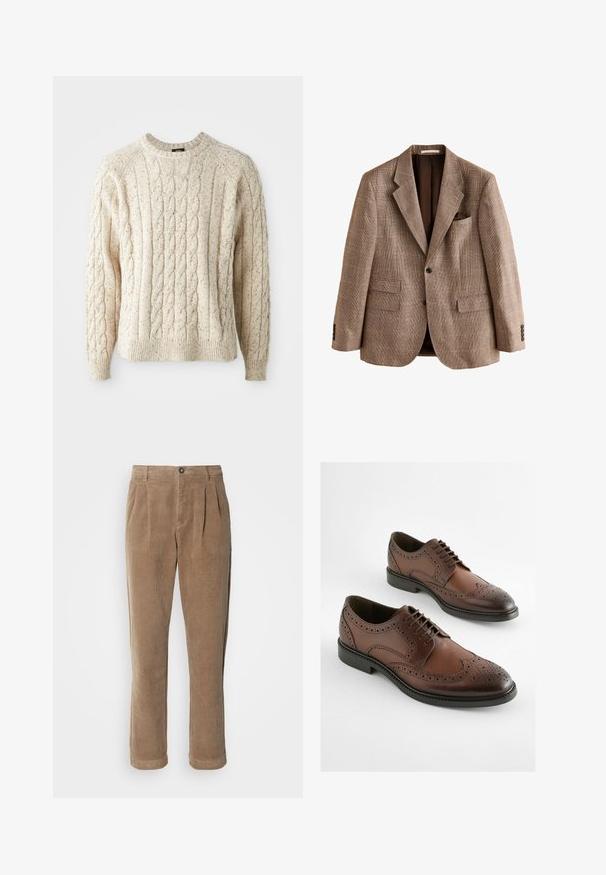 Einreihiger brauner karierten Blazer mit Notch-Revers, zwei vorderen Klapptaschen, einer Brustleistentasche und drei Knöpfen an jedem Ärmelbund.; Cremfarbener Kabelstrickpullover mit Rundhalsausschnitt, strukturiertem Muster und gerippten Bündchen und Saum. Hergestellt aus weicher, dicker Wolle.; Braune Cordhosen mit einem hochgeschnittenen Design, featuring vorderen Falten, einem Knopfverschluss und geraden Beinen. Das strukturierte Material ist sichtbar.; Braune Leder-Derby-Schuhe mit einem Brogue-Design, spitzem Zeh und flacher Gummisohle. Aufwendige Perforationen entlang der Kanten.