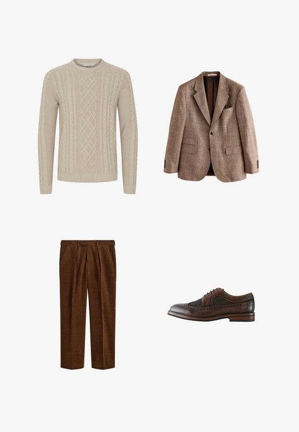 Enkeltknappet brun ternet blazer med hakrevers, to frontlommer med klap, brystlomme med kant og tre knapper på hvert ærme.; Beige strikket sweater med et tekstureret kabelmønster og ribbede manchetter og kant. Klassisk rund halsudskæring med lange ærmer.; Brune kordbukser med plisser, sidelommer, bæltestropper og knaplukning i taljen, vist fladt på en hvid baggrund.; Mørkebrun læder wingtip brogue sko med dekorative perforeringer, snørelukning og træsål med lagdelt hæl.