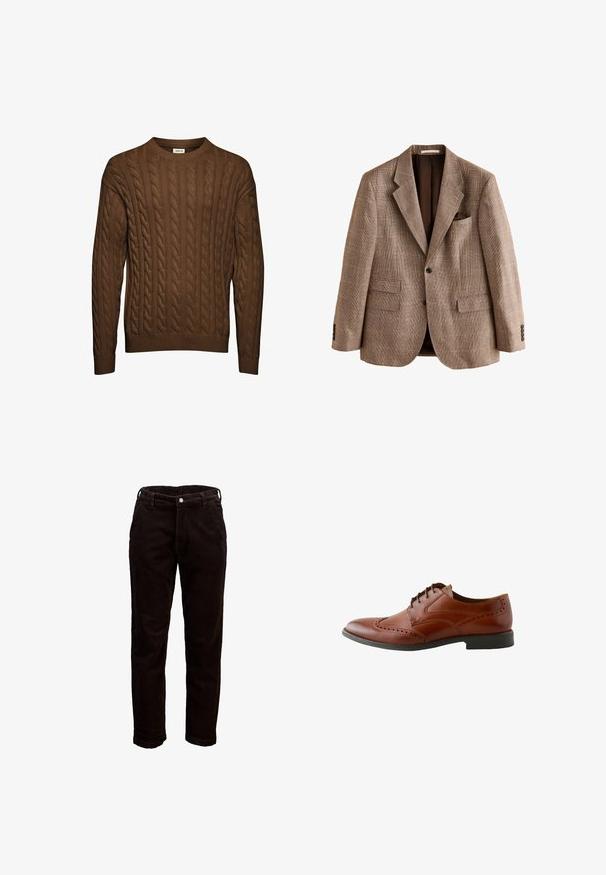 Veste marron à carreaux à simple boutonnage avec revers crantés, deux poches avant à rabat, une poche poitrine passepoilée et trois boutons sur chaque poignet.; Pull marron en maille torsadée avec manches longues, poignets et ourlet côtelés, et col rond, présenté sur fond blanc uni.; Pantalon en velours côtelé noir pour homme avec passants de ceinture, bouton avant et poches latérales, présenté sur fond blanc.; Chaussure brogue pour homme en cuir marron avec détails wingtip et semelle noire, vue de profil sur fond blanc.