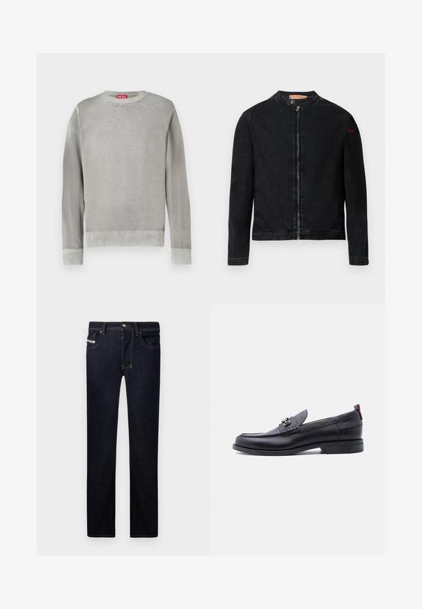 Veste en denim noire avec un col rond, une fermeture éclair frontale et un petit logo rouge sur la manche gauche. Caractérisée par une texture lisse et une coupe ajustée.; Pull gris clair à col rond, manches longues, finitions côtelées aux poignets et à l'ourlet. Fabriqué en matériau doux au toucher lisse. Comprend une étiquette de marque visible.; Jean en denim bleu foncé avec une coupe droite, comprenant cinq poches, des coutures contrastantes et un bouton en métal.; Mocassin en cuir noir avec empeigne texturée grise, détail boucle en métal argenté, petit talon et languette à l'arrière.