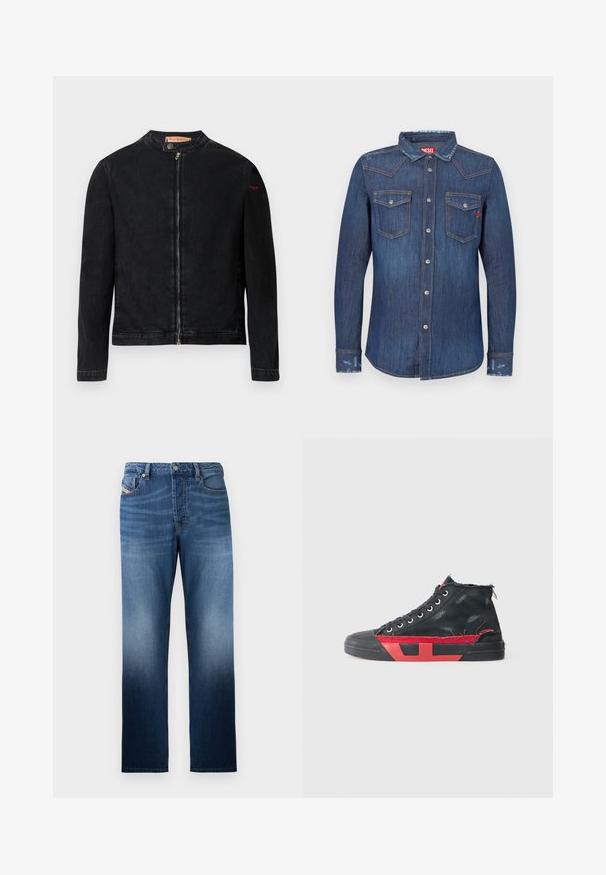Zwarte denimjas met een ronde kraag, een ritssluiting aan de voorkant en een klein rood logo op de linker mouw. Heeft een gladde textuur en een aansluitend ontwerp.; Donkerblauw denim overhemd met lange mouwen, puntkraag, twee borstzakken, zilverkleurige knoopsluitingen en subtiele distressed accenten.; Donkerblauwe denim jeans met een rechte pijp, voorzien van een vervaagde wassing. Inclusief een knoopsluiting aan de voorkant en zakken.; Zwarte hoge sneakers met rode accenten en een versleten afwerking. Heeft een gestructureerde canvas bovenkant en een rubberen zool met uitsnijdingen.