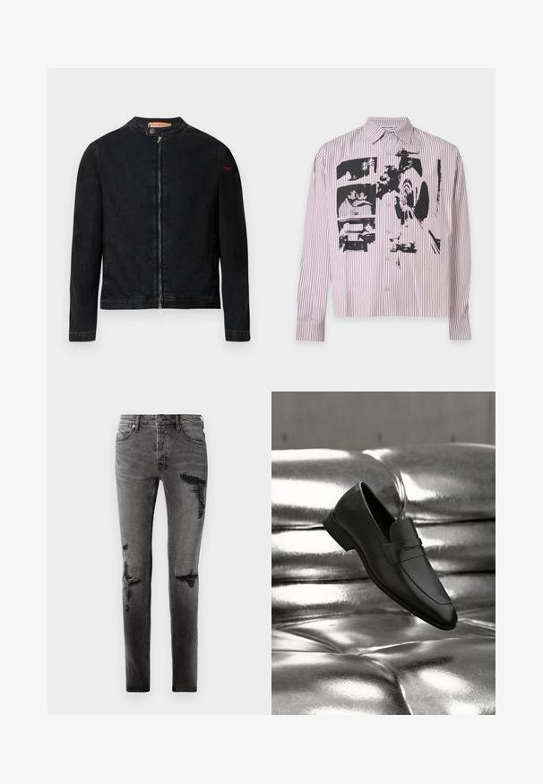 Schwarze Jeansjacke mit rundem Kragen, Reißverschluss vorne und kleinem roten Logo auf dem linken Ärmel. Verfügt über eine glatte Textur und eine taillierte Passform.; Langärmliges Hemd mit Knöpfen, dünnen roten vertikalen Streifen und abstraktem schwarzem Grafikdruck auf der Vorderseite.; Schwarze Denim-Jeans mit Rissdetails, schlankem Schnitt, fünf Taschen und klassischem Reißverschluss. Abgetragenes Aussehen mit verblassten Stellen.; Schwarzer Leder-Slipper schwebt über einer glänzenden, metallisch silbernen gepolsterten Oberfläche.