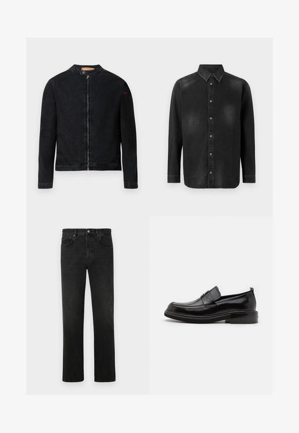 Veste en denim noire avec un col rond, une fermeture éclair frontale et un petit logo rouge sur la manche gauche. Caractérisée par une texture lisse et une coupe ajustée.; Chemise en denim noir avec un col à rabat, des manches longues et une fermeture à boutons sur le devant. Présente une décoloration subtile et une coupe ajustée.; Jeans en denim noir à coupe droite, design à cinq poches et fermeture à un seul bouton en métal à la taille. Texture lisse, décoloration minimale.; Calvin Klein MOCCASIN - Mocassins de ville - black