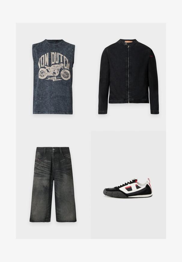 Veste en denim noire avec un col rond, une fermeture éclair frontale et un petit logo rouge sur la manche gauche. Caractérisée par une texture lisse et une coupe ajustée.; Chemise sans manches gris foncé style vintage avec le texte "Von Dutch" et un graphique d'une moto avec « Since 1929 Amazing Kustom » en dessous.; Shorts noirs en denim à jambes larges avec bouton sur le devant, fermeture éclair, passants pour ceinture et détails de texture délavée.; Diesel S PAGODHA LOW - Baskets basses - black