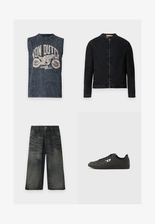 Veste en denim noire avec un col rond, une fermeture éclair frontale et un petit logo rouge sur la manche gauche. Caractérisée par une texture lisse et une coupe ajustée.; Chemise sans manches gris foncé style vintage avec le texte "Von Dutch" et un graphique d'une moto avec « Since 1929 Amazing Kustom » en dessous.; Shorts noirs en denim à jambes larges avec bouton sur le devant, fermeture éclair, passants pour ceinture et détails de texture délavée.; Baskets synthétiques noires avec une semelle noire texturée, un bout rond et des lacets plats noirs. Logo blanc remarquablement placé sur le côté extérieur.