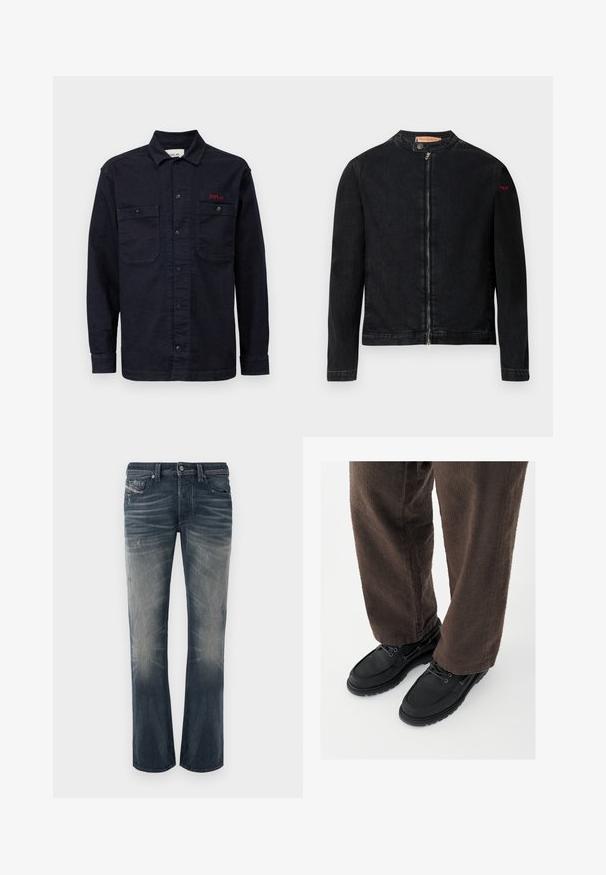 Sort denimjakke med rund krave, lynlås foran og et lille rødt logo på venstre ærme. Har en glat tekstur og tætsiddende design.; Mørkeblå denimskjorte med lange ærmer, knaplukning foran, to brystlommer og et lille rødt "REPLAY" logo på den venstre lomme.; Lysblå, straight-leg jeans i mørkeblå denim med falmede sektioner, diskrete rynker og slidte detaljer. Knappelukning med fem lommer.; Sorte lædersko med glat finish, rundet tå og snøredesign, kombineret med teksturerede brune bukser. Set fra gulvniveau.
