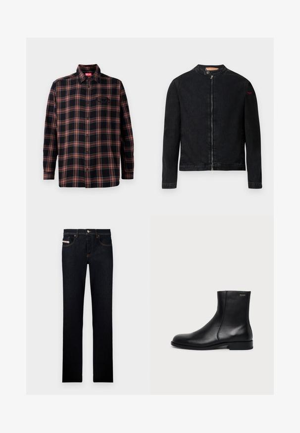Veste en denim noire avec un col rond, une fermeture éclair frontale et un petit logo rouge sur la manche gauche. Caractérisée par une texture lisse et une coupe ajustée.; Chemise à carreaux noire et rouge avec un devant à boutons, des manches longues et une étiquette sur le col. Présente des coutures contrastées et une poche plaquée.; Jeans en denim bleu foncé avec une coupe droite, ornés de surpiqûres orange et d'une étiquette sur la poche avant. Fermeture à bouton en métal.; Bottine en cuir noir à talon bas, couture latérale et petit logo "HUGO" sur le revers supérieur sur un fond uni.