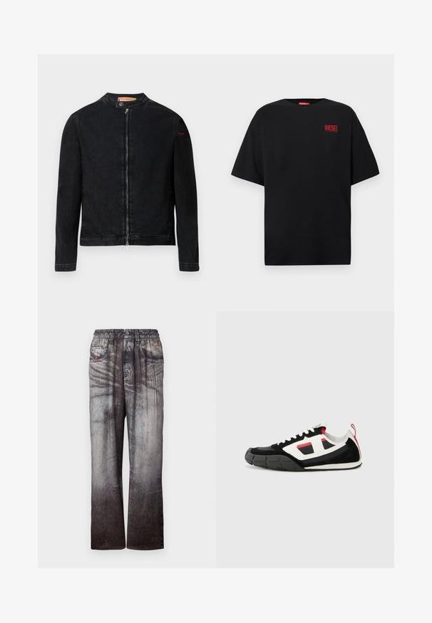 Musta denimtakki, jossa pyöreä kaulus, etuvetoketju ja pieni punainen logo vasemmassa hihassa. Takissa on sileä pinta ja istuva muotoilu.; Musta puuvillainen t-paita, jossa on lyhyet hihat, pyöreä pääntie ja vasemmassa rintakehän kohdassa punainen "DIESEL"-logo.; Farkkuhousut, joissa on haalistunut sinisen ja harmaan välinen gradientti, joustava vyötärö ja etutaskut. Teksturoidun pinnan lisäksi housuissa on hienovaraista tikkausta.; Diesel S PAGODHA LOW - Matalavartiset tennarit - black