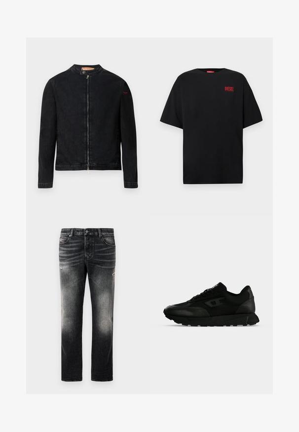 Chaqueta de mezclilla negra con cuello redondo, cierre frontal con cremallera y un pequeño logo rojo en la manga izquierda. Presenta una textura suave y un diseño ajustado.; Camiseta negra de algodón, con mangas cortas, cuello redondo y un logo rojo de "DIESEL" en la zona izquierda del pecho.; Jeans negros con acabado desgastado y toques rasgados, diseño estándar de cinco bolsillos y cierre con cremallera. Elaborados en tela de denim.; Zapatilla negra de corte bajo con piel texturizada y paneles de tela, cierre de cordones y suela gruesa de goma sobre un fondo claro y liso.