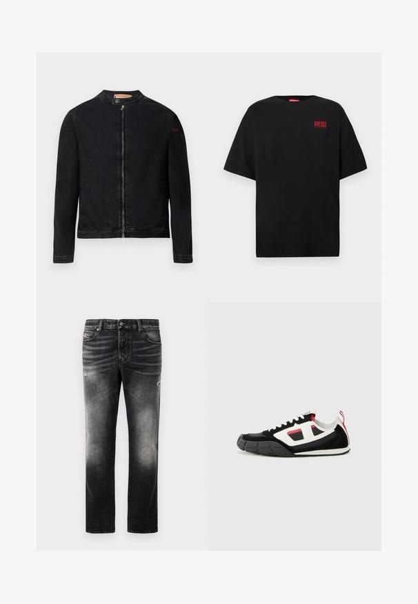 Sort denimjakke med rund krave, lynlås foran og et lille rødt logo på venstre ærme. Har en glat tekstur og tætsiddende design.; Sort T-shirt lavet af bomuld, med korte ærmer, rund halsudskæring og en rød "DIESEL"-logo på venstre brystområde.; Sorte jeans med en falmet finish og slidte detaljer, standard fem-pockets design og lynlås. Lavet af denim stof.; Diesel S PAGODHA LOW - Sneakers - black