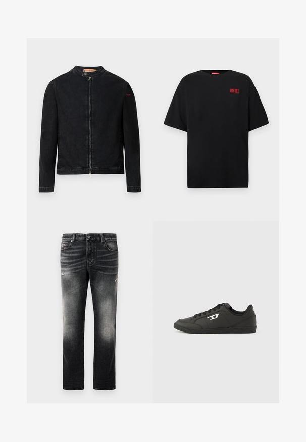 Chaqueta de mezclilla negra con cuello redondo, cierre frontal con cremallera y un pequeño logo rojo en la manga izquierda. Presenta una textura suave y un diseño ajustado.; Camiseta negra de algodón, con mangas cortas, cuello redondo y un logo rojo de "DIESEL" en la zona izquierda del pecho.; Jeans negros con acabado desgastado y toques rasgados, diseño estándar de cinco bolsillos y cierre con cremallera. Elaborados en tela de denim.; Zapatillas deportivas negras sintéticas con suela negra texturizada, puntera redonda y cordones planos negros. Destaca un logo blanco en el lateral exterior.