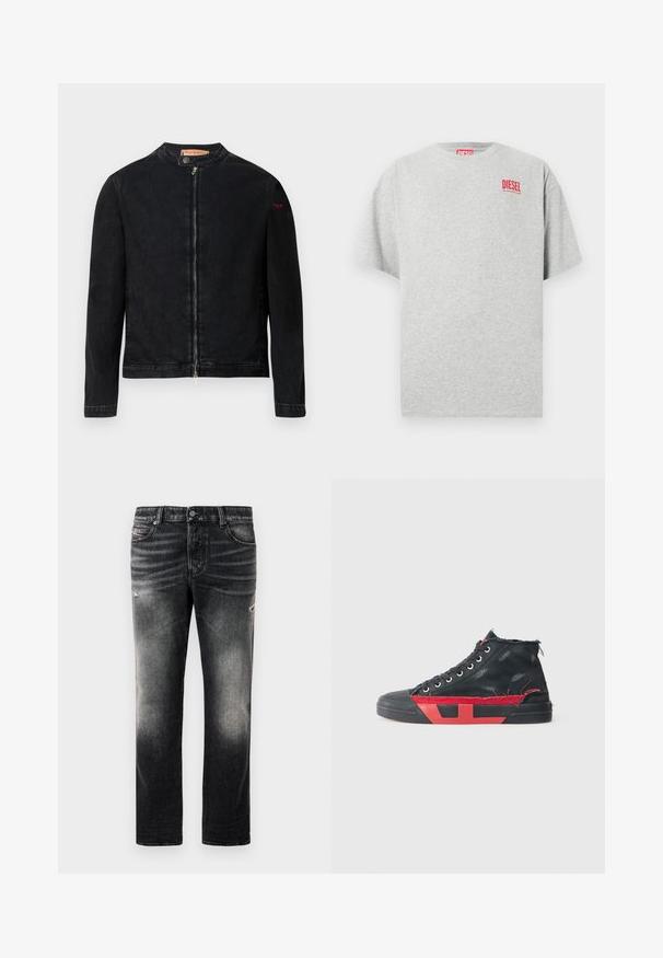 Chaqueta de mezclilla negra con cuello redondo, cierre frontal con cremallera y un pequeño logo rojo en la manga izquierda. Presenta una textura suave y un diseño ajustado.; Camiseta de algodón gris con cuello redondo y mangas cortas. Presenta un pequeño logo rojo "DIESEL" en el pecho. Textura suave.; Jeans negros con acabado desgastado y toques rasgados, diseño estándar de cinco bolsillos y cierre con cremallera. Elaborados en tela de denim.; Zapatilla alta negra con detalles en rojo y un acabado envejecido. Presenta una parte superior de lona texturizada y una suela de goma con un diseño recortado.