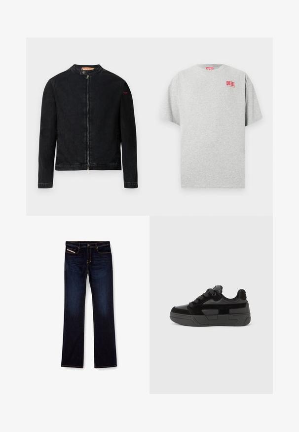 Veste en denim noire avec un col rond, une fermeture éclair frontale et un petit logo rouge sur la manche gauche. Caractérisée par une texture lisse et une coupe ajustée.; T-shirt en coton gris avec un col rond et des manches courtes. Présente un petit logo rouge « DIESEL » sur la poitrine. Texture lisse.; Jean en denim bleu foncé avec une coupe droite, présentant des coutures orange, une fermeture éclair et des poches avant. Texture lisse et taille standard.; Baskets noires en mélange de matériaux lisses et texturés, dotées d'un bout rond, d'une semelle épaisse et d'une fermeture à lacets. Design minimaliste avec des accents.