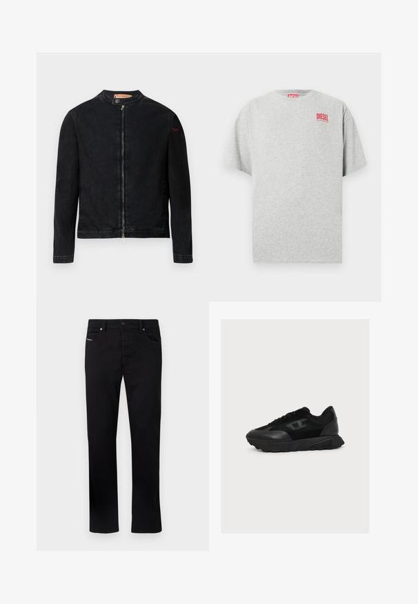 Schwarze Jeansjacke mit rundem Kragen, Reißverschluss vorne und kleinem roten Logo auf dem linken Ärmel. Verfügt über eine glatte Textur und eine taillierte Passform.; Graues Baumwoll-T-Shirt mit rundem Ausschnitt und kurzen Ärmeln. Mit einem kleinen roten "DIESEL"-Logo auf der Brust. Glatte Textur.; Schwarze Jeans mit geradem Bein, fünf Taschen und Metallknopfverschluss. Mit dezenten Stickereidetails auf der vorderen Tasche.; Schwarzer Low-Top-Sneaker mit Obermaterial aus gemischtem Mesh und Leder, Schnürverschluss und strukturierter Sohle, im rechten Seitenprofil auf weißem Hintergrund gezeigt.