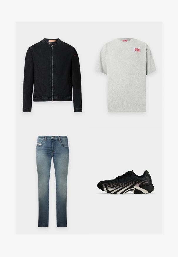 Veste en denim noire avec un col rond, une fermeture éclair frontale et un petit logo rouge sur la manche gauche. Caractérisée par une texture lisse et une coupe ajustée.; T-shirt en coton gris avec un col rond et des manches courtes. Présente un petit logo rouge « DIESEL » sur la poitrine. Texture lisse.; Jean slim en délavé bleu, avec une conception à cinq poches, fermeture à bouton en métal et coutures contrastées. Texture légèrement usée.; Basket de sport noire et grise avec des motifs géométriques superposés et une semelle épaisse et sculptée, vue de côté sur fond blanc.