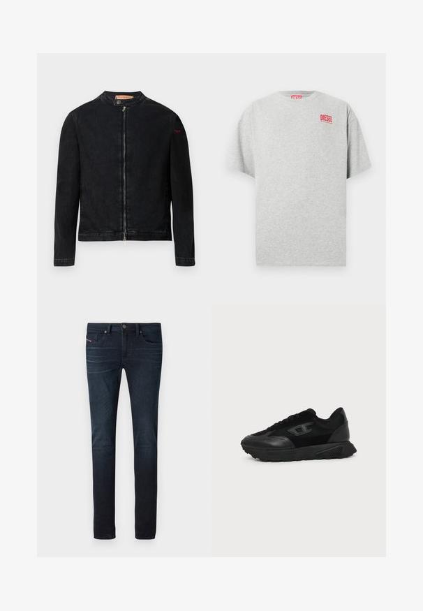 Schwarze Jeansjacke mit rundem Kragen, Reißverschluss vorne und kleinem roten Logo auf dem linken Ärmel. Verfügt über eine glatte Textur und eine taillierte Passform.; Graues Baumwoll-T-Shirt mit rundem Ausschnitt und kurzen Ärmeln. Mit einem kleinen roten "DIESEL"-Logo auf der Brust. Glatte Textur.; Dunkelblaue Slim-Fit-Jeans mit leichtem Verblassen an den Oberschenkeln, Fronttaschen, Gürtelschlaufen und Knopfverschluss an der Taille.; Schwarzer Low-Top-Sneaker mit strukturierter Sohle, Mesh- und Lederoberseite, Schnürung vorne und kleinem eingeprägtem Logo auf dem Seitenpanel.