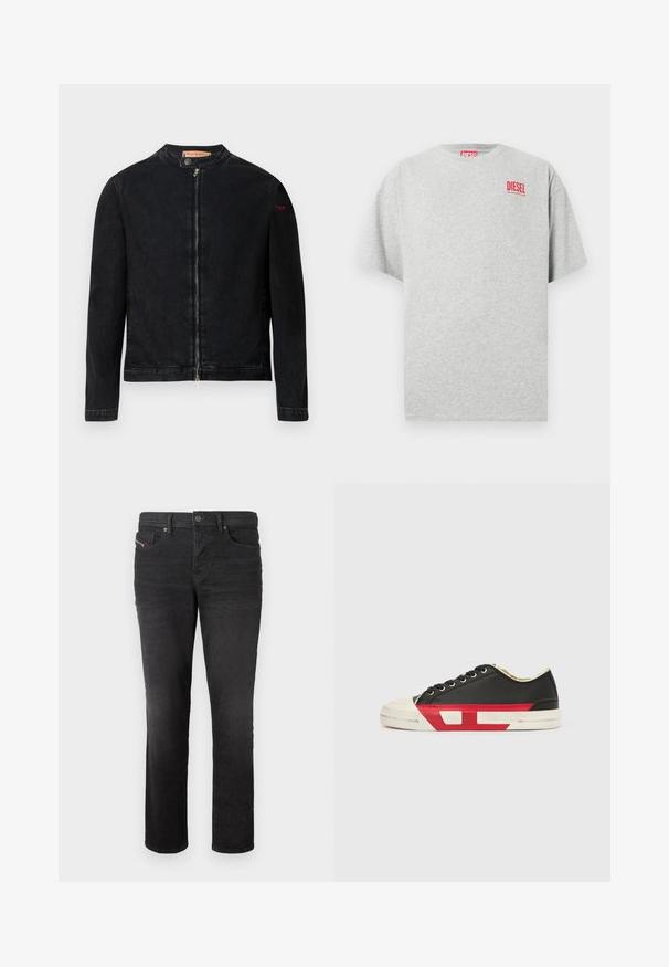 Veste en denim noire avec un col rond, une fermeture éclair frontale et un petit logo rouge sur la manche gauche. Caractérisée par une texture lisse et une coupe ajustée.; T-shirt en coton gris avec un col rond et des manches courtes. Présente un petit logo rouge « DIESEL » sur la poitrine. Texture lisse.; Jean en denim noir avec une coupe droite, comportant cinq poches, une fermeture à bouton et des détails de coutures subtiles à l'avant.; Baskets en toile noire avec des accents rouges, un bout en caoutchouc et une semelle blanche. Elles présentent des lacets noirs et un design texturé sur le côté.
