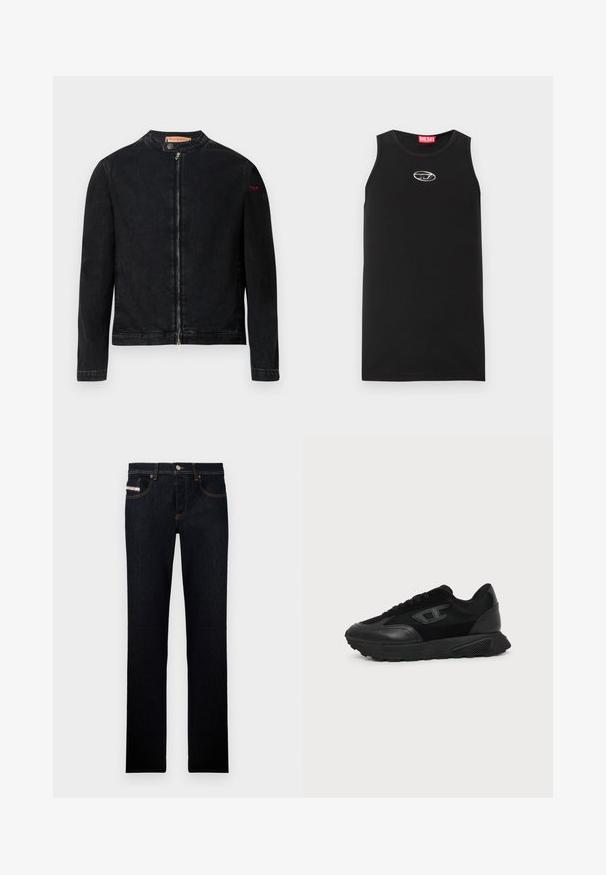 Schwarze Jeansjacke mit rundem Kragen, Reißverschluss vorne und kleinem roten Logo auf dem linken Ärmel. Verfügt über eine glatte Textur und eine taillierte Passform.; Schwarzes ärmelloses Tanktop aus Baumwolle. Verfügt über einen runden Halsausschnitt und ein kleines weißes Diesel-Logo auf der Brust. Glatte Textur.; Dunkelblaue Jeans aus Denim mit geradem Bein, mit orangefarbener Naht und einem Label auf der Vordertasche. Mit Metallknopfverschluss.; Schwarzer Low-Top-Sneaker mit strukturierter Sohle, Mesh- und Lederoberseite, Schnürung vorne und kleinem eingeprägtem Logo auf dem Seitenpanel.