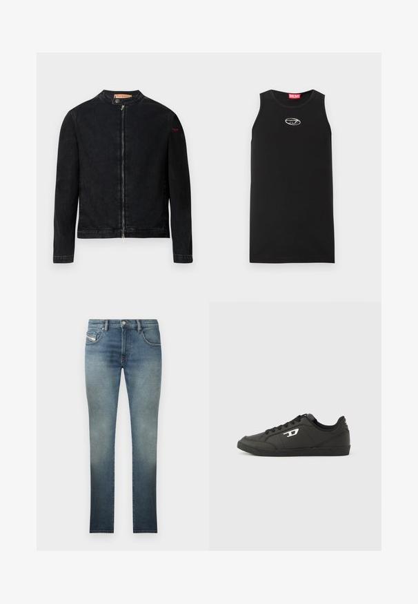 Zwarte denimjas met een ronde kraag, een ritssluiting aan de voorkant en een klein rood logo op de linker mouw. Heeft een gladde textuur en een aansluitend ontwerp.; Zwarte mouwloze tanktop van katoen. Heeft een ronde halslijn en een klein wit Diesel-logo op de borst. Gladde textuur.; Slim-fit jeans in een vervaagde blauwe wassing, met een vijf-pocket ontwerp, metalen knoopsluiting en contrasterende stiksels. Licht verouderde textuur.; Zwarte sneakers van synthetisch materiaal met een geribbelde zwarte zool, ronde neus en vlakke zwarte veters. Opvallend wit logomerk aan de buitenzijde.
