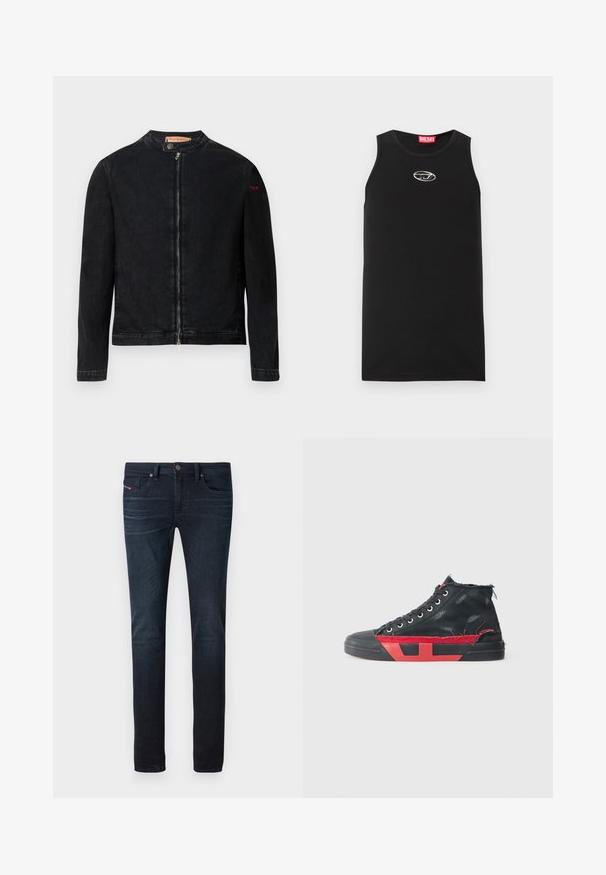 Schwarze Jeansjacke mit rundem Kragen, Reißverschluss vorne und kleinem roten Logo auf dem linken Ärmel. Verfügt über eine glatte Textur und eine taillierte Passform.; Schwarzes ärmelloses Tanktop aus Baumwolle. Verfügt über einen runden Halsausschnitt und ein kleines weißes Diesel-Logo auf der Brust. Glatte Textur.; Dunkelblaue Slim-Fit-Jeans mit leichtem Verblassen an den Oberschenkeln, Fronttaschen, Gürtelschlaufen und Knopfverschluss an der Taille.; Schwarze High-Top-Sneaker mit roten Akzenten und einem abgenutzten Finish. Verfügt über ein strukturiertes Canvas-Obermaterial und eine Gummisohle mit Ausschnitt-Design.