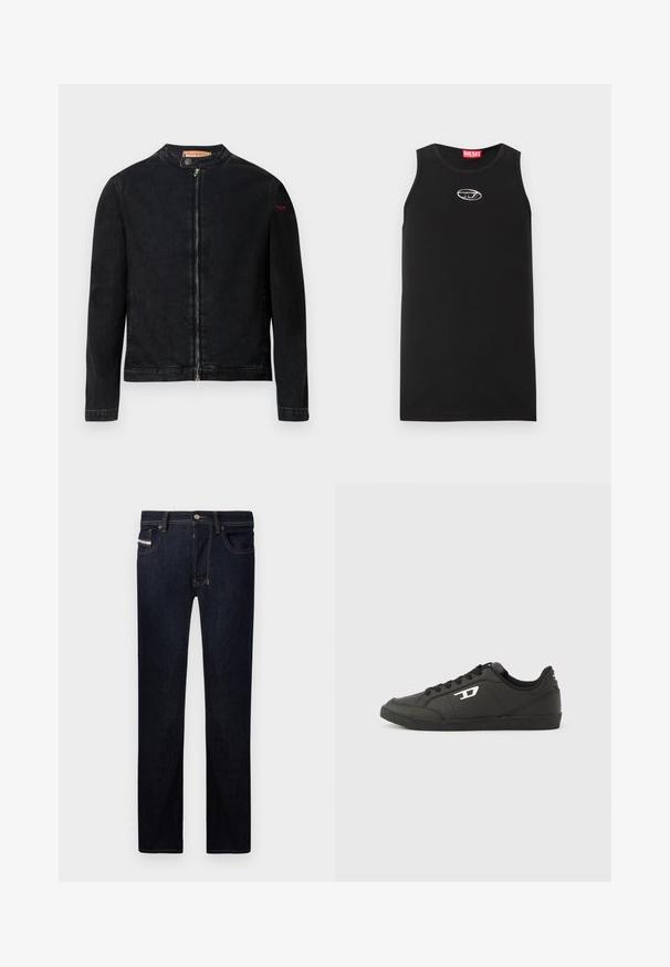 Schwarze Jeansjacke mit rundem Kragen, Reißverschluss vorne und kleinem roten Logo auf dem linken Ärmel. Verfügt über eine glatte Textur und eine taillierte Passform.; Schwarzes ärmelloses Tanktop aus Baumwolle. Verfügt über einen runden Halsausschnitt und ein kleines weißes Diesel-Logo auf der Brust. Glatte Textur.; Dunkelblaue Jeans aus Denim mit gerader Passform, die fünf Taschen, kontrastierende Nähte und einen Metallknopfverschluss aufweisen.; Schwarze Sneakers aus synthetischem Material mit einer strukturierten schwarzen Sohle, rundem Zehenbereich und flachen schwarzen Schnürsenkeln. Auffälliges weißes Logo auf der Außenseite.