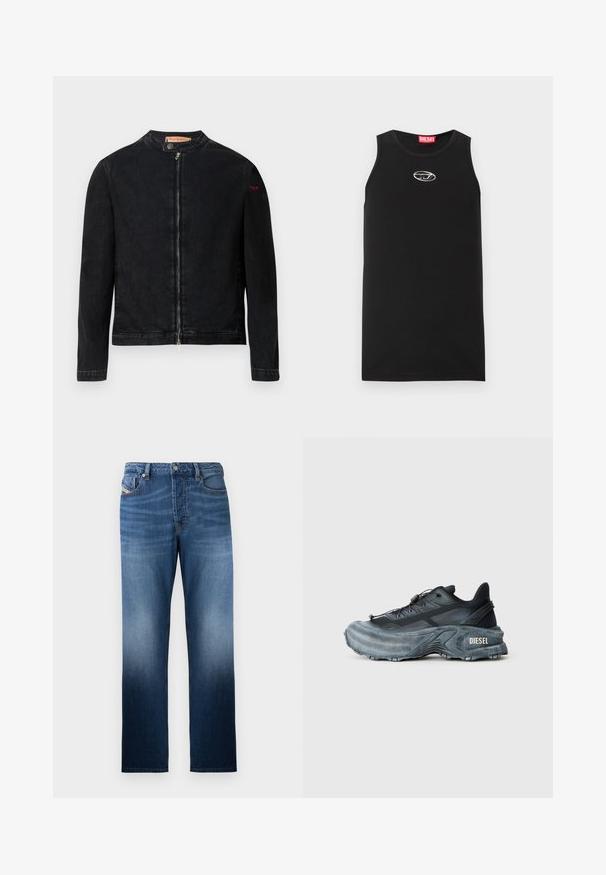 Schwarze Jeansjacke mit rundem Kragen, Reißverschluss vorne und kleinem roten Logo auf dem linken Ärmel. Verfügt über eine glatte Textur und eine taillierte Passform.; Schwarzes ärmelloses Tanktop aus Baumwolle. Verfügt über einen runden Halsausschnitt und ein kleines weißes Diesel-Logo auf der Brust. Glatte Textur.; Dunkelblaue Jeans aus Denim mit geradem Bein und einem ausgewaschenen Effekt. Enthält einen Frontknopfverschluss und Taschen.; Schwarz- und graue Diesel-Sneaker mit dicker Sohle, Schnürverschluss und strukturiertem Design auf einem schlichten hellgrauen Hintergrund.