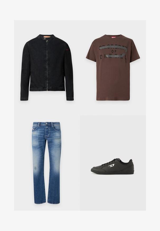 Veste en denim noire avec un col rond, une fermeture éclair frontale et un petit logo rouge sur la manche gauche. Caractérisée par une texture lisse et une coupe ajustée.; T-shirt en coton marron avec un texte graphique noir « PROPERTY OF D » et un accent gris texturé traversant la poitrine. Manches courtes, coupe décontractée.; Jean en denim bleu avec des zones décolorées et usées, coupe droite, fermeture avant par bouton et zip, avec le design classique à cinq poches.; Baskets synthétiques noires avec une semelle noire texturée, un bout rond et des lacets plats noirs. Logo blanc remarquablement placé sur le côté extérieur.