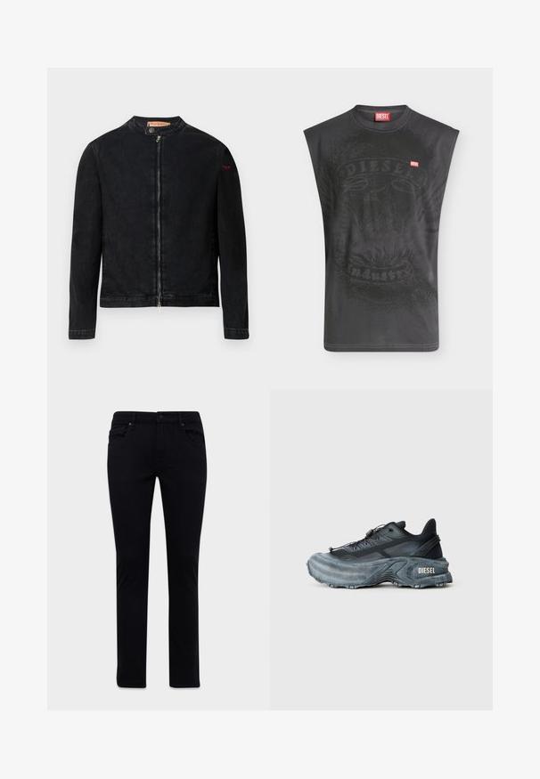 Schwarze Jeansjacke mit rundem Kragen, Reißverschluss vorne und kleinem roten Logo auf dem linken Ärmel. Verfügt über eine glatte Textur und eine taillierte Passform.; Ärmelloses schwarzes Diesel-T-Shirt mit dezentem Adlermotiv und kleinem roten Diesel-Logo-Patch auf der Brust.; Schwarze Slim-Fit-Jeans mit Vorder- und Rückentaschen, Gürtelschlaufen und Knopfverschluss, auf einem weißen Hintergrund präsentiert.; Schwarz- und graue Diesel-Sneaker mit dicker Sohle, Schnürverschluss und strukturiertem Design auf einem schlichten hellgrauen Hintergrund.