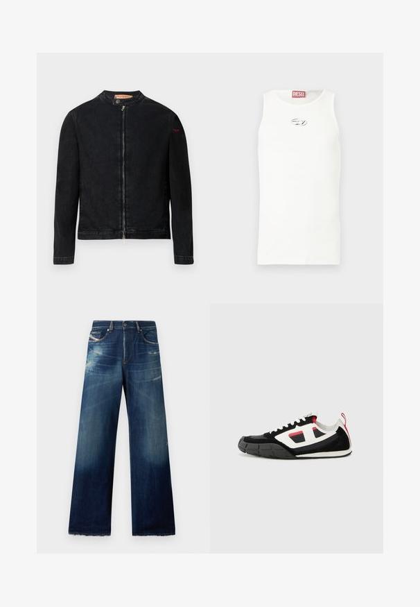 Sort denimjakke med rund krave, lynlås foran og et lille rødt logo på venstre ærme. Har en glat tekstur og tætsiddende design.; Hvid ærmeløs tanktop lavet af glat stof, med en lille sølvlogo på brystet og en rød label ved halsudskæringen.; Bredde denim jeans i mørkeblå med slidte områder, distressed detaljer og flossede kanter. Fire lommer og knaplukning.; Diesel S PAGODHA LOW - Sneakers - black