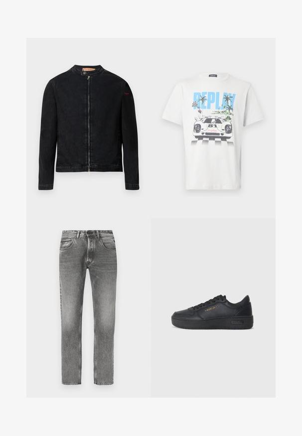Sort denimjakke med rund krave, lynlås foran og et lille rødt logo på venstre ærme. Har en glat tekstur og tætsiddende design.; Hvid bomulds-T-shirt med et farverigt motiv af en racerbils, palmer og ternede flag, med "REPLAY" tydeligt vist.; Grå denimjeans med et lige bensnit, med en falmet finish, fem lommer, bæltestropper og kontrasterende syningsdetaljer.; Replay EPIC HIGH - Sneakers - black