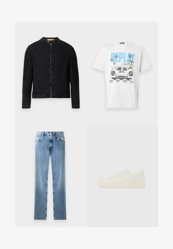 Schwarze Jeansjacke mit rundem Kragen, Reißverschluss vorne und kleinem roten Logo auf dem linken Ärmel. Verfügt über eine glatte Textur und eine taillierte Passform.; Weißes Baumwoll-T-Shirt mit einem bunten Motiv eines Rennwagens, Palmen und Schachbrett-Flaggen, mit dem Schriftzug "REPLAY" gut sichtbar.; Helle blaue Denim-Jeans mit geradem Bein, Taschen, Kupferriegeln und Knopfverschluss. Sie zeichnen sich durch ein verblasstes Design und einen sauberen Saum aus.; Niedriger weißer Sneaker mit Schnürung vorne, dicker Sohle und dezentem "REPLAY"-Logo an der Seite und Ferse, in Seitenansicht dargestellt.