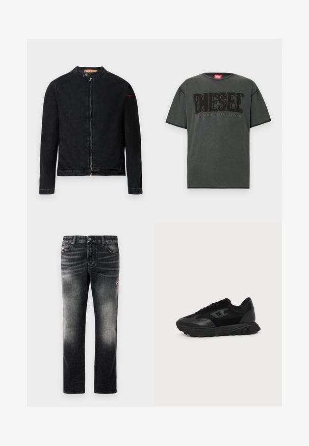 Veste en denim noire avec un col rond, une fermeture éclair frontale et un petit logo rouge sur la manche gauche. Caractérisée par une texture lisse et une coupe ajustée.; T-shirt à manches courtes gris foncé en coton. Présente un grand logo DIESEL noir et le texte "FOR SUCCESSFUL LIVING" dans un design contrastant.; Jean noir avec une finition délavée et des accents usés, design standard à cinq poches, et fermeture éclair. Fabriqué en tissu denim.; Baskets basses noires avec semelle texturée, dessus en mesh et cuir, fermeture à lacets devant, et petit logo embossé sur le panneau latéral.