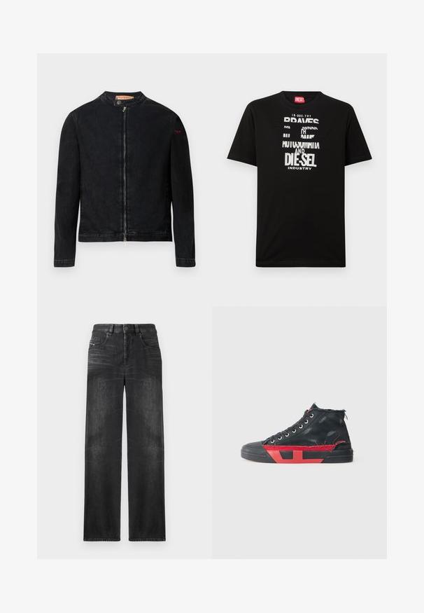 Veste en denim noire avec un col rond, une fermeture éclair frontale et un petit logo rouge sur la manche gauche. Caractérisée par une texture lisse et une coupe ajustée.; T-shirt noir en coton avec des graphismes textuels blancs audacieux, incluant "DIESEL" et "INDUSTRY", avec un col rond et des manches courtes.; Jeans noirs droits en denim, dotés de cinq poches, passants de ceinture et d'un léger délavage sur le tissu pour une texture.; Baskets montantes noires avec des accents rouges et une finition usée. Caractérisées par une tige en toile texturée et une semelle en caoutchouc avec un design découpé.