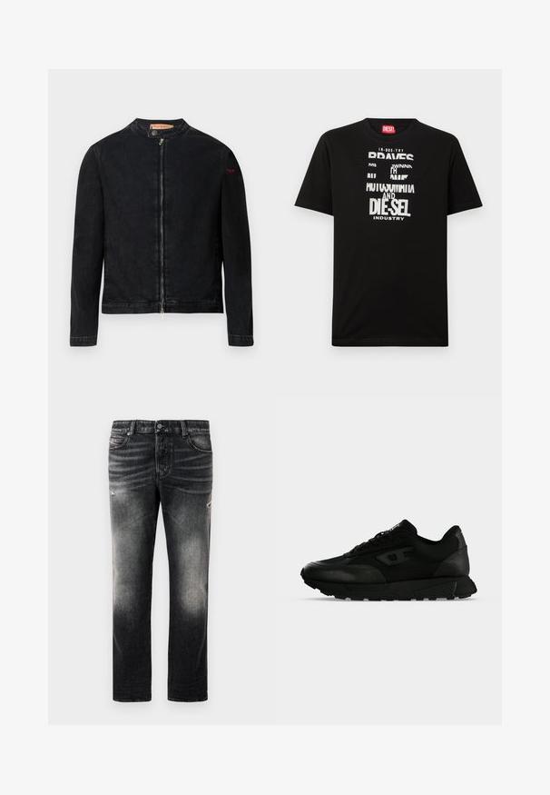 Schwarze Jeansjacke mit rundem Kragen, Reißverschluss vorne und kleinem roten Logo auf dem linken Ärmel. Verfügt über eine glatte Textur und eine taillierte Passform.; Schwarzes Baumwoll-T-Shirt mit kräftigen weißen Textgrafiken, darunter "DIESEL" und "INDUSTRY", mit rundem Halsausschnitt und kurzen Ärmeln.; Schwarze Jeans mit einem verblassten Finish und verwaschenen Akzenten, klassisches Fünf-Taschen-Design und Reißverschluss. Hergestellt aus Denim-Stoff.; Schwarzer Low-Top-Sneaker mit strukturiertem Leder und Stoffpaneelen, Schnürverschluss und dicker Gummisohle auf einfachem hellem Hintergrund.