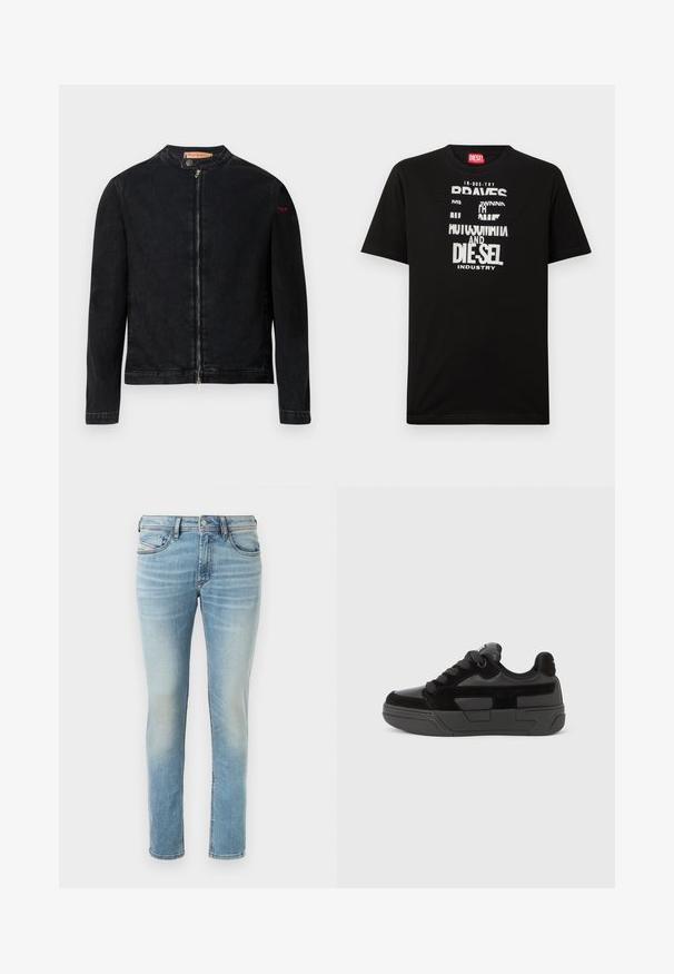 Schwarze Jeansjacke mit rundem Kragen, Reißverschluss vorne und kleinem roten Logo auf dem linken Ärmel. Verfügt über eine glatte Textur und eine taillierte Passform.; Schwarzes Baumwoll-T-Shirt mit kräftigen weißen Textgrafiken, darunter "DIESEL" und "INDUSTRY", mit rundem Halsausschnitt und kurzen Ärmeln.; Hellblaue Denim-Jeans mit tailliertem Schnitt, fünf Taschen, subtilen Auswaschungen, mit Knopfverschluss und Gürtelschlaufen.; Schwarzer Sneaker mit einer Mischung aus glatten und strukturierten Materialien, ausgestattet mit einer runden Spitze, dicker Sohle und Schnürverschluss. Minimalistisches Design mit Akzenten.