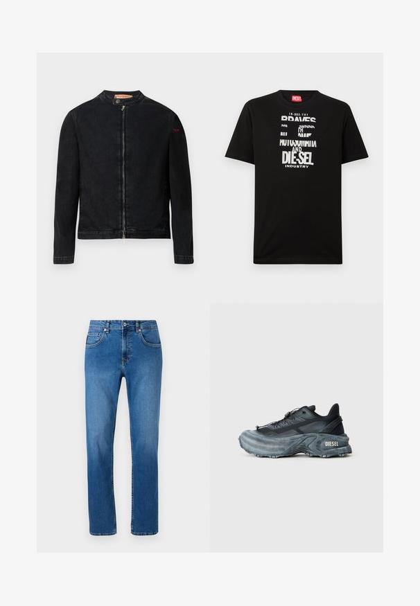 Schwarze Jeansjacke mit rundem Kragen, Reißverschluss vorne und kleinem roten Logo auf dem linken Ärmel. Verfügt über eine glatte Textur und eine taillierte Passform.; Schwarzes Baumwoll-T-Shirt mit kräftigen weißen Textgrafiken, darunter "DIESEL" und "INDUSTRY", mit rundem Halsausschnitt und kurzen Ärmeln.; Blaue Denim-Jeans mit geradem Bein, ausgestattet mit einem klassischen Fünf-Taschen-Design und dezenten Nähten entlang der Nähte.; Schwarz- und graue Diesel-Sneaker mit dicker Sohle, Schnürverschluss und strukturiertem Design auf einem schlichten hellgrauen Hintergrund.