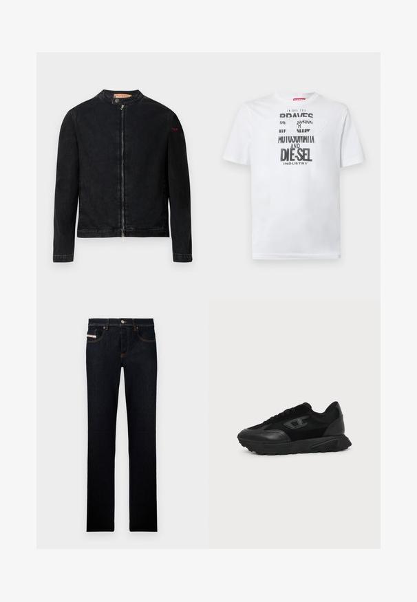 Veste en denim noire avec un col rond, une fermeture éclair frontale et un petit logo rouge sur la manche gauche. Caractérisée par une texture lisse et une coupe ajustée.; T-shirt en coton blanc avec une typographie noire audacieuse affichant les mots "BRAVES" et "DIE-SEL INDUSTRY" ainsi qu'un design découpé semi-transparent.; Jeans en denim bleu foncé avec une coupe droite, ornés de surpiqûres orange et d'une étiquette sur la poche avant. Fermeture à bouton en métal.; Baskets basses noires avec semelle texturée, dessus en mesh et cuir, fermeture à lacets devant, et petit logo embossé sur le panneau latéral.