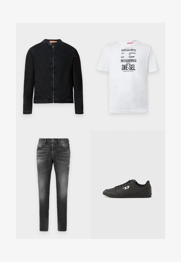 Zwarte denimjas met een ronde kraag, een ritssluiting aan de voorkant en een klein rood logo op de linker mouw. Heeft een gladde textuur en een aansluitend ontwerp.; Wit katoenen T-shirt met gedurfde zwarte typografie met de woorden "BRAVES" en "DIE-SEL INDUSTRY" en een semi-transparant uitgesneden ontwerp.; Grijze denim jeans met een slim fit, voorzien van lichte slijtage, verwerkte details en een traditionele knoopsluiting.; Zwarte sneakers van synthetisch materiaal met een geribbelde zwarte zool, ronde neus en vlakke zwarte veters. Opvallend wit logomerk aan de buitenzijde.