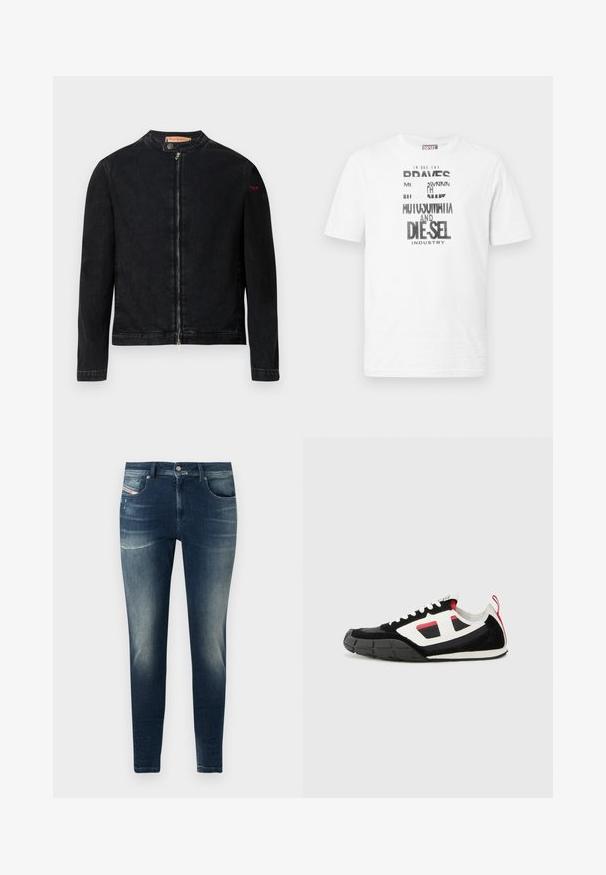 Zwarte denimjas met een ronde kraag, een ritssluiting aan de voorkant en een klein rood logo op de linker mouw. Heeft een gladde textuur en een aansluitend ontwerp.; Witte korte mouw Diesel T-shirt met zwart-witte grafische tekst en logo aan de voorkant, ronde halslijn en rode logolabel aan de zijnaad.; Donkerblauwe denim jeans met een slim fit, voorzien van een vervaagde was, lichte slijtage en een klassieke vijf-pocket stijl.; Diesel S PAGODHA LOW - Sneakers laag - black
