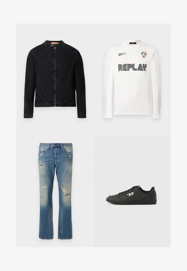 Schwarze Jeansjacke mit rundem Kragen, Reißverschluss vorne und kleinem roten Logo auf dem linken Ärmel. Verfügt über eine glatte Textur und eine taillierte Passform.; Weißes Langarmhemd mit schwarzem "REPLAY"-Schriftzug über der Brust, kleinem "REPLAY FC"-Schriftzug oben links und einem dreifarbigen Wappenemblem mit drei Sternen oben rechts.; Hellblaue Denim-Jeans mit einer lockeren Passform, die verwaschene Details und fransige Patches aufweisen, mit dem klassischen Fünf-Taschen-Design und einem Knopfverschluss.; Schwarze Sneakers aus synthetischem Material mit einer strukturierten schwarzen Sohle, rundem Zehenbereich und flachen schwarzen Schnürsenkeln. Auffälliges weißes Logo auf der Außenseite.