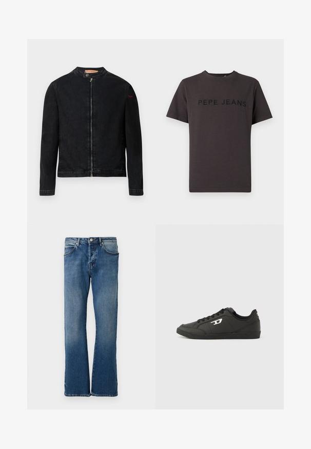 Sort denimjakke med rund krave, lynlås foran og et lille rødt logo på venstre ærme. Har en glat tekstur og tætsiddende design.; Mørkegrå t-shirt lavet af bomuld med korte ærmer og rund halsudskæring. "PEPE JEANS" er præget i sort på forsiden.; Lyseblå denimjeans med lige ben-design, der har fem lommer, en knap-lukning og diskret falmning på stoffet.; Sorte syntetiske sneakers med en struktureret sort sål, rund tå og flade sorte snørebånd. Fremtrædende hvidt logo på ydersiden.