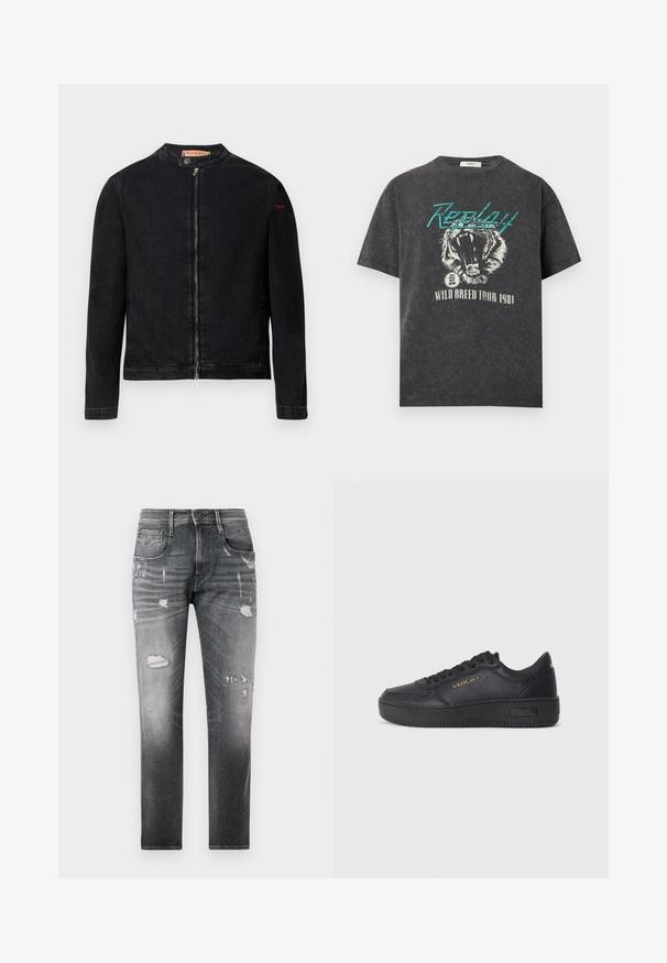 Sort denimjakke med rund krave, lynlås foran og et lille rødt logo på venstre ærme. Har en glat tekstur og tætsiddende design.; Sort vasket T-shirt med turkis "Replay" tekst, brølende tiger grafik og hvid "Wild Breed Tour 1981" tekst nedenunder.; Falmede sorte denimjeans med slidte lapper. Har fem lommer, en knaplukning og en lige ben-design.; Replay EPIC HIGH - Sneakers - black