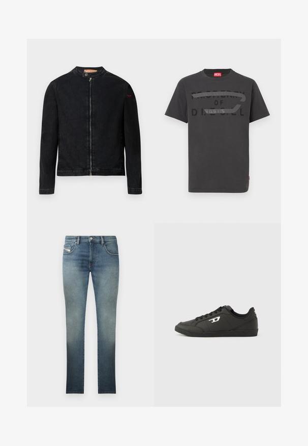 Schwarze Jeansjacke mit rundem Kragen, Reißverschluss vorne und kleinem roten Logo auf dem linken Ärmel. Verfügt über eine glatte Textur und eine taillierte Passform.; Graues Baumwoll-T-Shirt mit fettem schwarzem Text "PROPERTY OF D.I.E.S.E.L.", glatter Textur und kurzen Ärmeln.; Slim-Fit Jeans in einer ausgewaschenen blauen Waschung, mit einem Fünf-Taschen-Design, Metallknopfverschluss und Kontrastnähten. Leicht verwaschene Textur.; Schwarze Sneakers aus synthetischem Material mit einer strukturierten schwarzen Sohle, rundem Zehenbereich und flachen schwarzen Schnürsenkeln. Auffälliges weißes Logo auf der Außenseite.