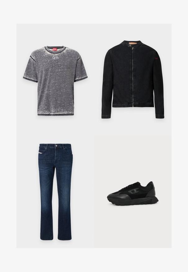 Schwarze Jeansjacke mit rundem Kragen, Reißverschluss vorne und kleinem roten Logo auf dem linken Ärmel. Verfügt über eine glatte Textur und eine taillierte Passform.; Graues kurzärmliges T-Shirt aus weichem Material. Verfügt über einen runden Ausschnitt und eine dezente, tonale Textur. Auf der Vorderseite befindet sich ein Logodetail in der Mitte.; Dunkelblaue Denim-Jeans mit geradem Schnitt. Verfügt über fünf Taschen, einen Metallknopfverschluss und dezente Nähte an der Gesäßtasche.; Schwarzer Low-Top-Sneaker mit strukturierter Sohle, Mesh- und Lederoberseite, Schnürung vorne und kleinem eingeprägtem Logo auf dem Seitenpanel.