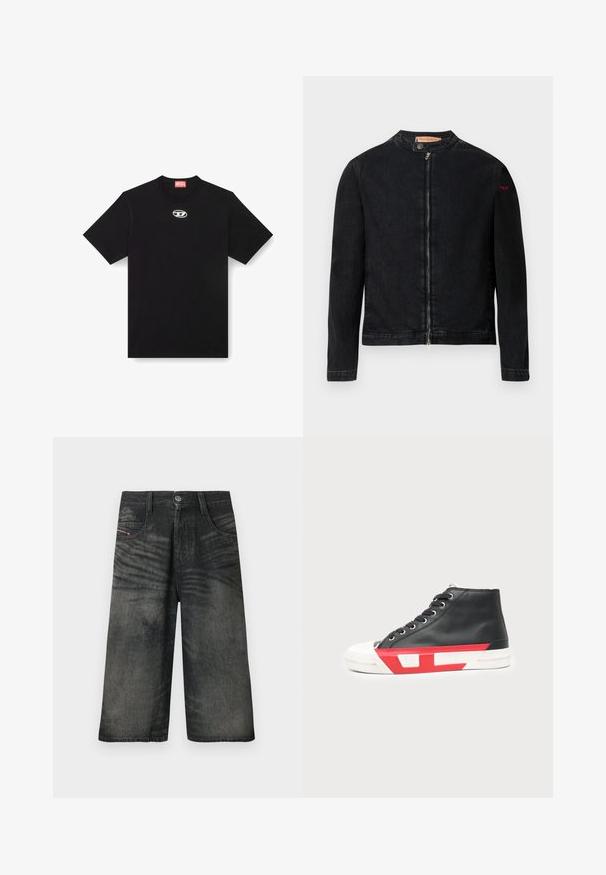 Veste en denim noire avec un col rond, une fermeture éclair frontale et un petit logo rouge sur la manche gauche. Caractérisée par une texture lisse et une coupe ajustée.; T-shirt en coton noir avec un col rond et des manches courtes. Présente un petit logo en argent brodé au centre avant.; Shorts noirs en denim à jambes larges avec bouton sur le devant, fermeture éclair, passants pour ceinture et détails de texture délavée.; Baskets montantes noires avec embout et semelle en caoutchouc blanc, avec des accents géométriques rouges le long de la semelle.
