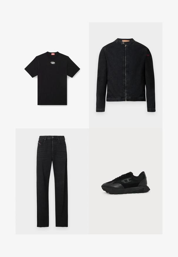 Schwarze Jeansjacke mit rundem Kragen, Reißverschluss vorne und kleinem roten Logo auf dem linken Ärmel. Verfügt über eine glatte Textur und eine taillierte Passform.; Schwarzes Baumwoll-T-Shirt mit Rundhalsausschnitt und kurzen Ärmeln. Enthält ein kleines, silbernes Logo, das in der Mitte vorne gestickt ist.; Schwarze Denim-Jeans mit geradem Schnitt, vorderen Taschen und einem roten Tab-Detail an der linken Tasche. Der Stoff hat eine leichte Textur.; Schwarzer Low-Top-Sneaker mit strukturierter Sohle, Mesh- und Lederoberseite, Schnürung vorne und kleinem eingeprägtem Logo auf dem Seitenpanel.
