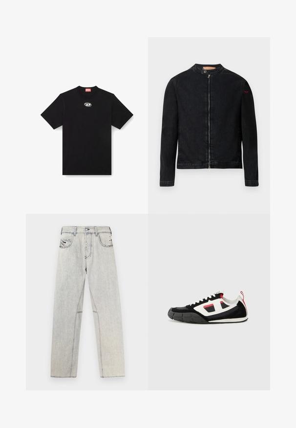 Zwarte denimjas met een ronde kraag, een ritssluiting aan de voorkant en een klein rood logo op de linker mouw. Heeft een gladde textuur en een aansluitend ontwerp.; Zwarte katoenen t-shirt met een ronde halslijn en korte mouwen. Heeft een klein, zilver logo geborduurd in het midden van de voorkant.; Lichtblauwe denim jeans met een rechte pasvorm, voorzien van contrasterende stiksels, twee voorzakken en verweerde details in de stof.; Diesel S PAGODHA LOW - Sneakers laag - black
