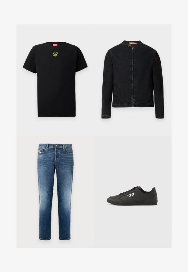 Chaqueta de mezclilla negra con cuello redondo, cierre frontal con cremallera y un pequeño logo rojo en la manga izquierda. Presenta una textura suave y un diseño ajustado.; Camiseta de algodón negra de manga corta, con un pequeño logotipo bordado verde en el pecho y un cuello redondo.; Pantalones vaqueros azules de corte recto, con un diseño clásico de cinco bolsillos, decoloración ligera y cierre de botón en la cintura.; Zapatillas deportivas negras sintéticas con suela negra texturizada, puntera redonda y cordones planos negros. Destaca un logo blanco en el lateral exterior.