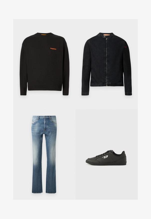 Zwarte denimjas met een ronde kraag, een ritssluiting aan de voorkant en een klein rood logo op de linker mouw. Heeft een gladde textuur en een aansluitend ontwerp.; Zwarte lange mouwen t-shirt van katoen, met een klein oranje "Replay Inc." logo op de borst, een ronde halslijn en een standaard pasvorm.; Lichtblauwe denim flared jeans met een vijf-pocket ontwerp, een lichte vervaging op de dijen en een standaard tailleband met riemlussen.; Zwarte sneakers van synthetisch materiaal met een geribbelde zwarte zool, ronde neus en vlakke zwarte veters. Opvallend wit logomerk aan de buitenzijde.